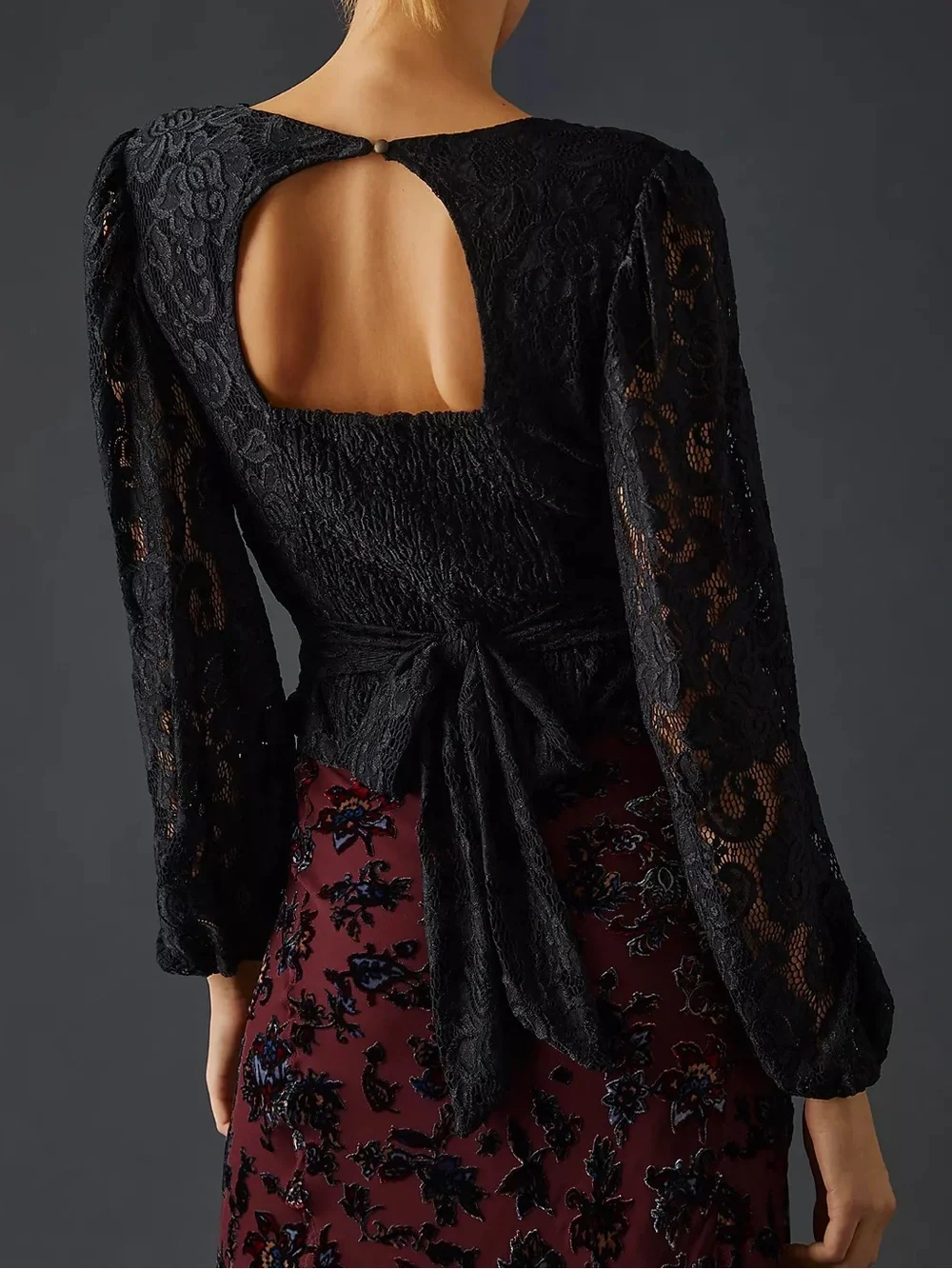 By Anthropologie Balloon-Sleeve Black Lace Tie Waist Blouse Size XS